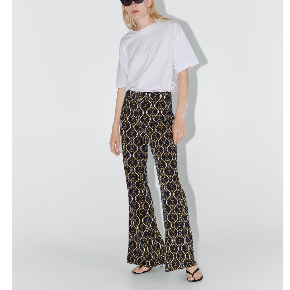 Zara Chain Print Hi Rise Belted Flare Woman’s Pants Size Medium NWT